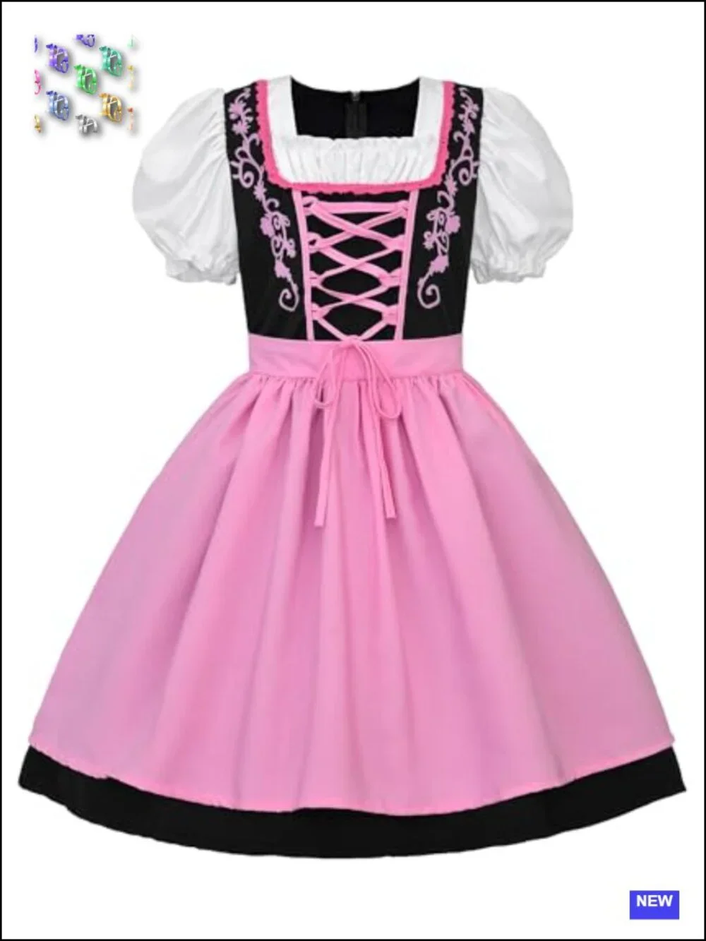 Girl's Dirndl Oktoberfest Costume Dress with Apron, Puff Sleeves, Lace-Up Bodice